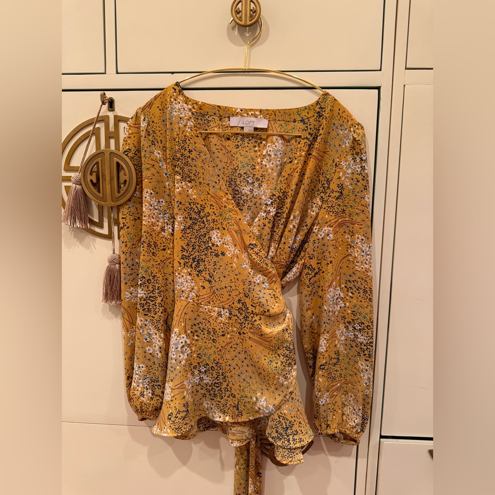 LOFT Mustard and Black Floral Blouse